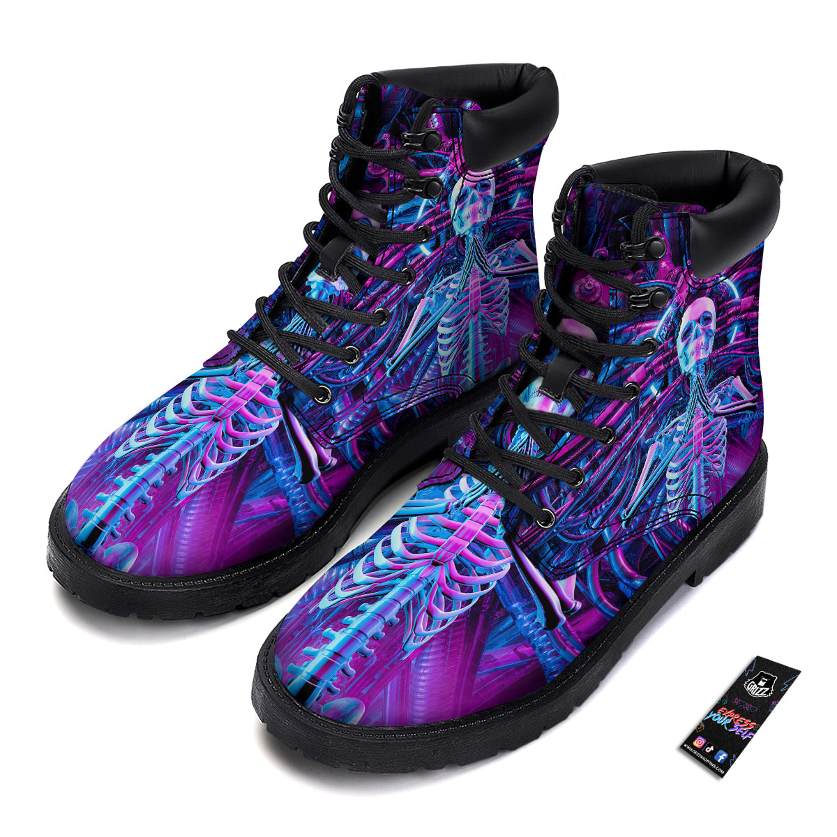 Purple Cyber Skeleton Print Boots-grizzshop