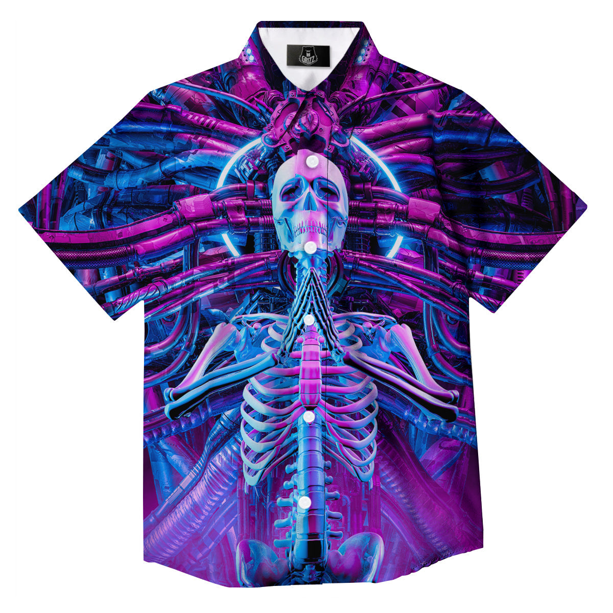 Purple Cyber Skeleton Print Button Up Shirt-grizzshop