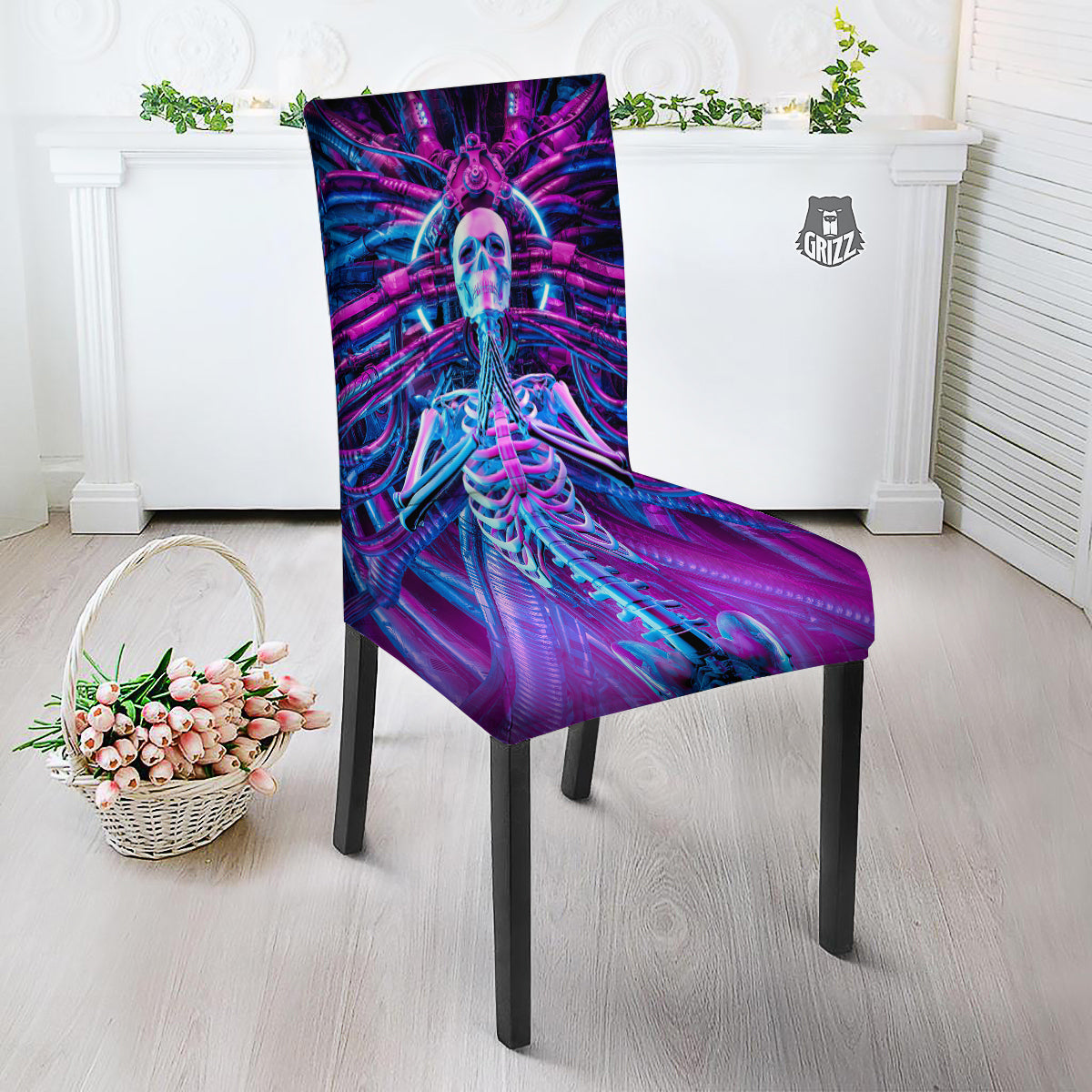 Purple Cyber Skeleton Print Dining Chair Slipcover-grizzshop