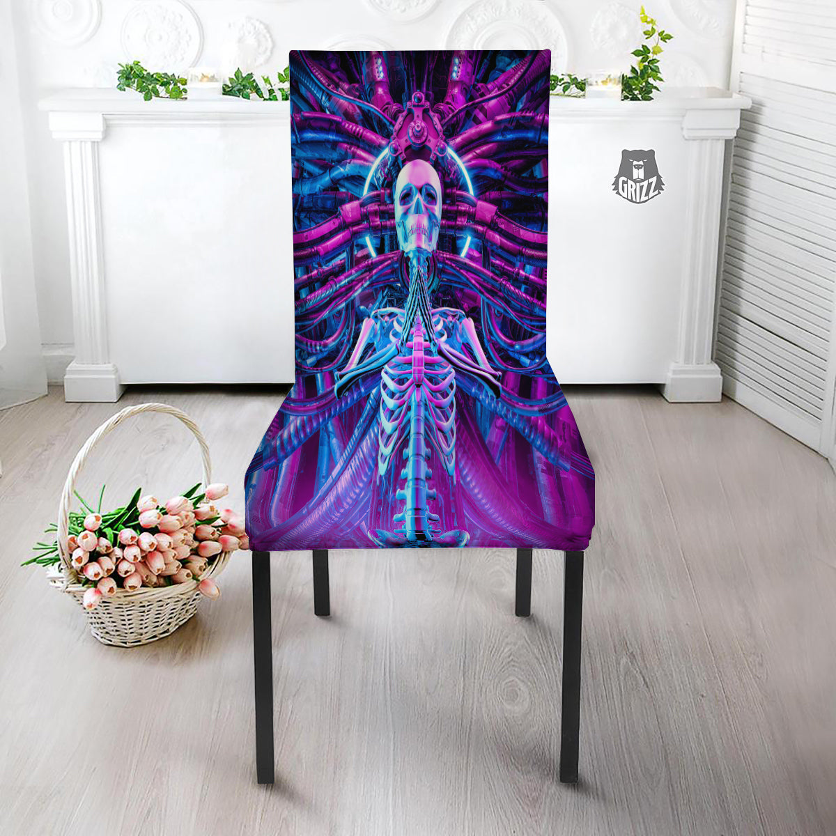 Purple Cyber Skeleton Print Dining Chair Slipcover-grizzshop