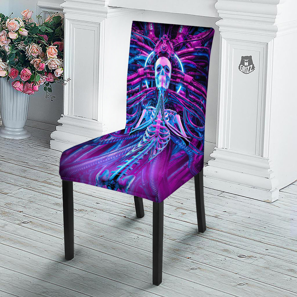 Purple Cyber Skeleton Print Dining Chair Slipcover-grizzshop
