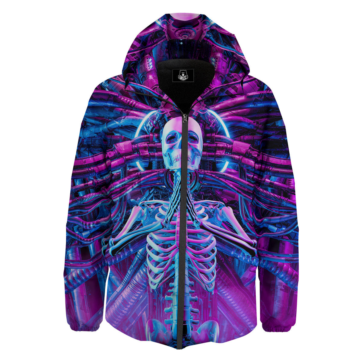 Purple Cyber Skeleton Print Down Jacket-grizzshop