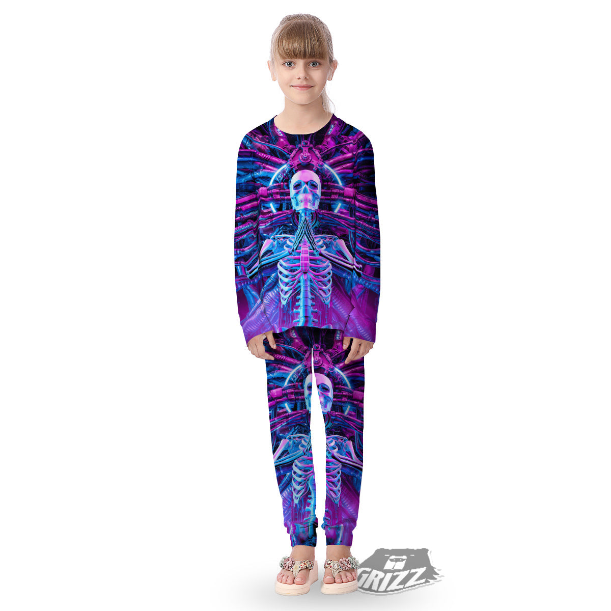 Purple Cyber Skeleton Print Kid's Pajamas-grizzshop