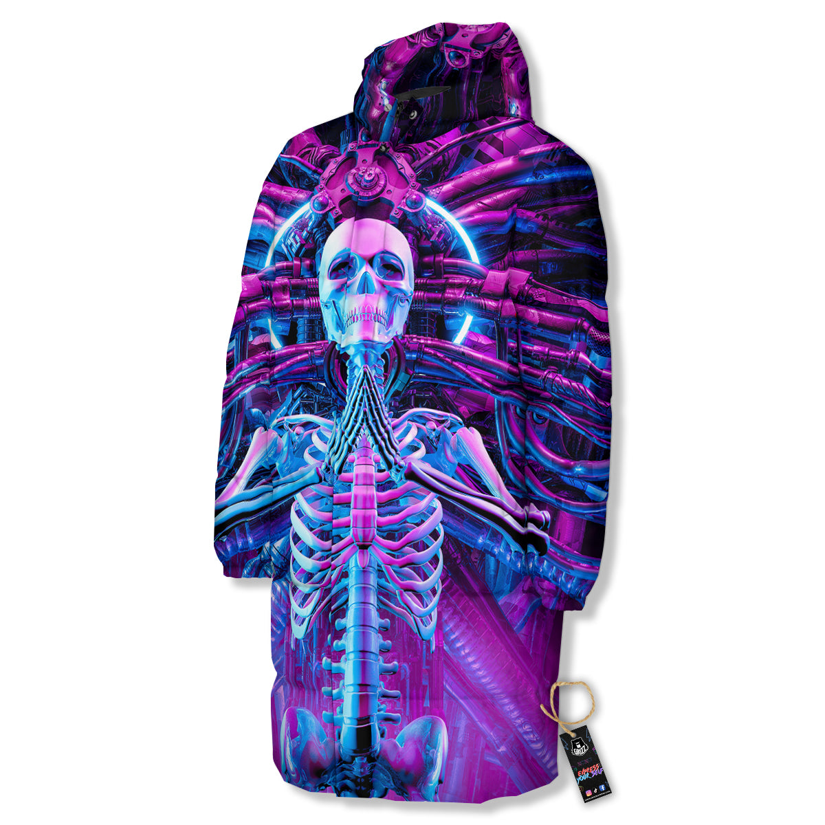 Purple Cyber Skeleton Print Long Down Jacket-grizzshop