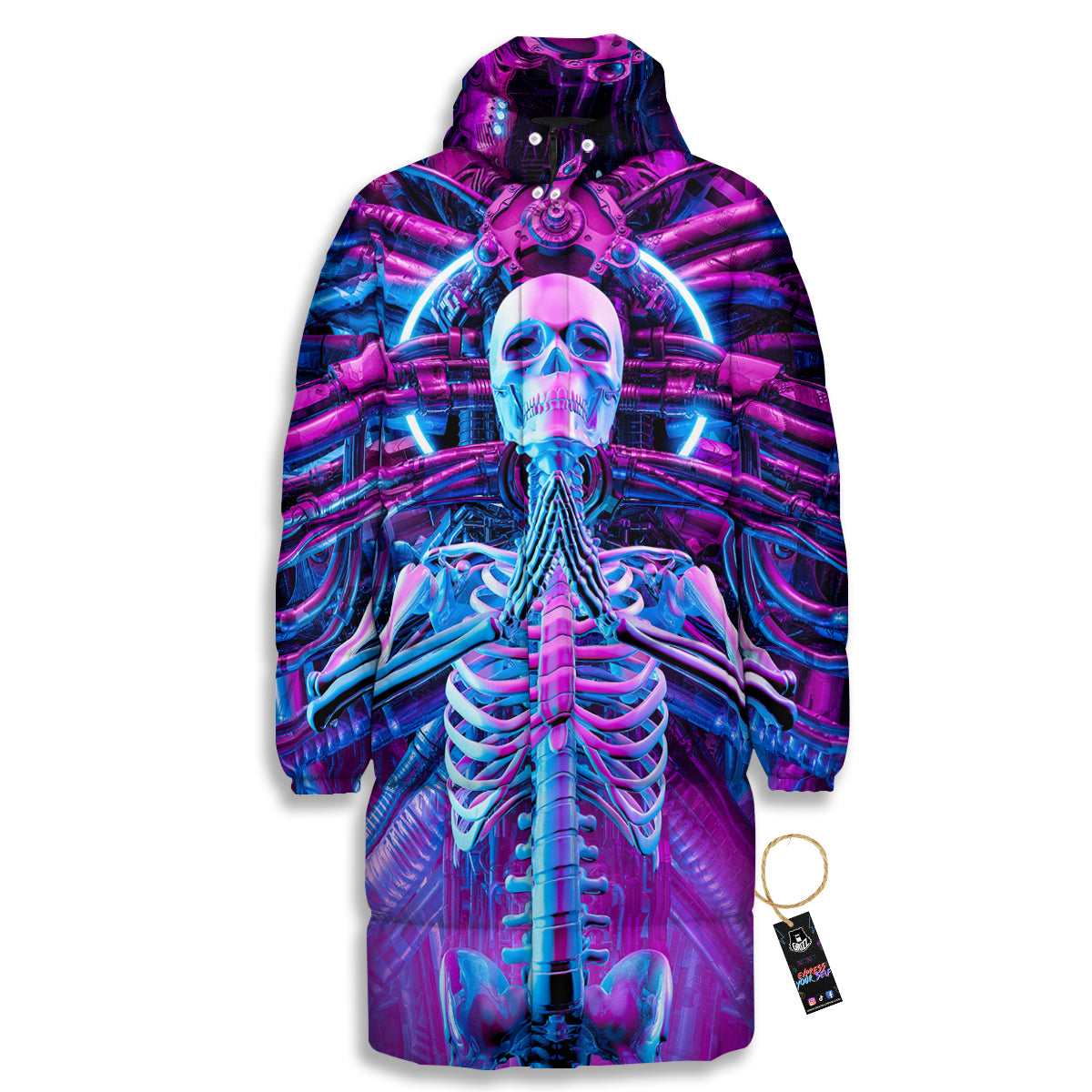 Purple Cyber Skeleton Print Long Down Jacket-grizzshop