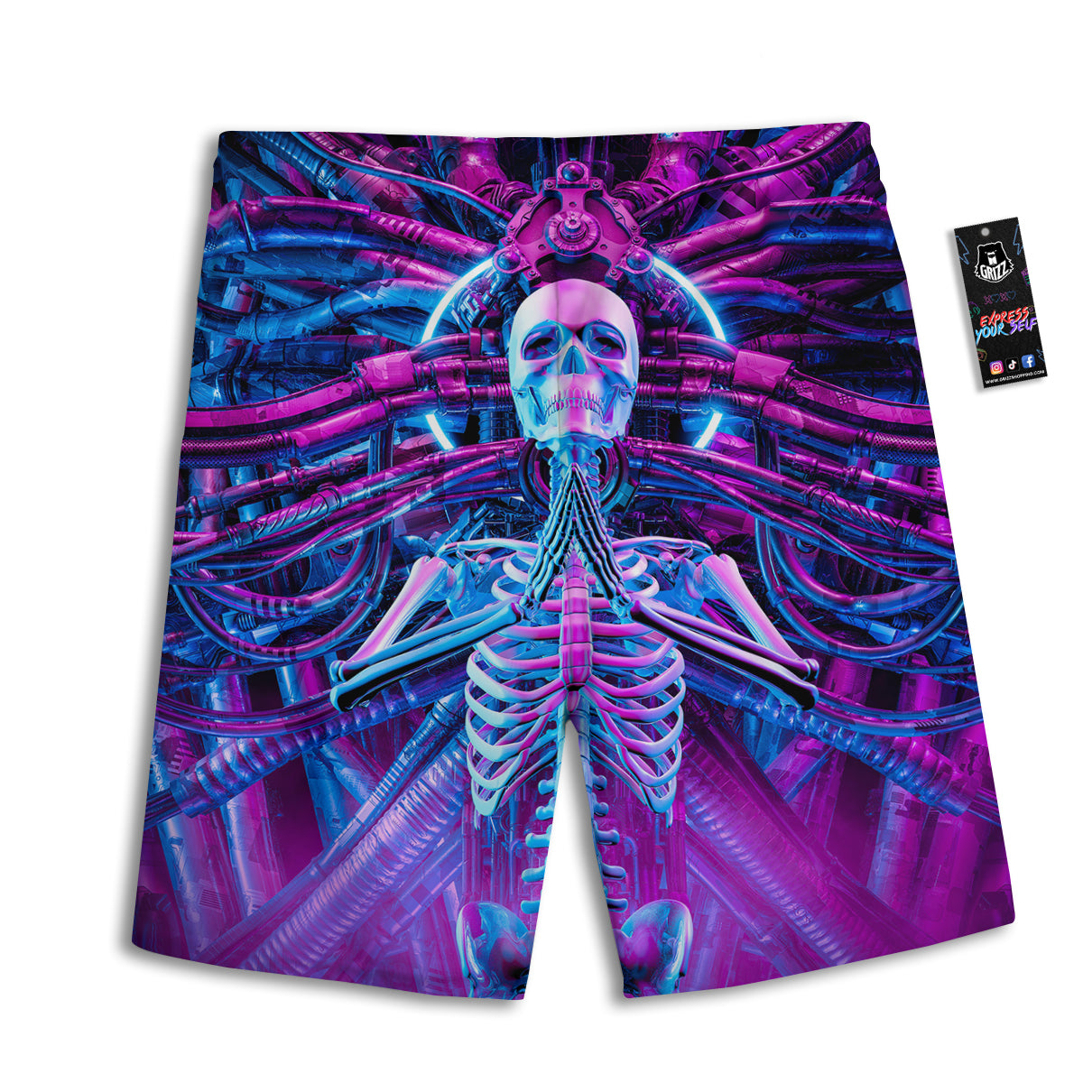 Purple Cyber Skeleton Print Men's Athletic Shorts