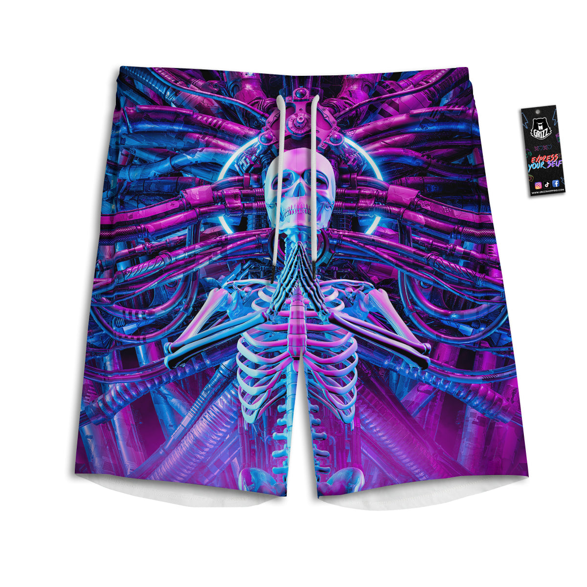 Purple Cyber Skeleton Print Men's Athletic Shorts