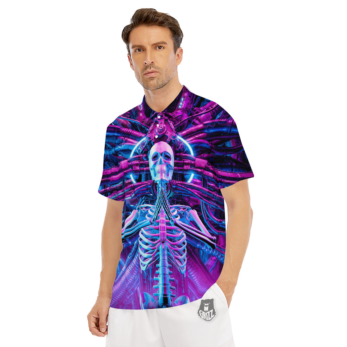 Purple Cyber Skeleton Print Men's Golf Shirts-grizzshop