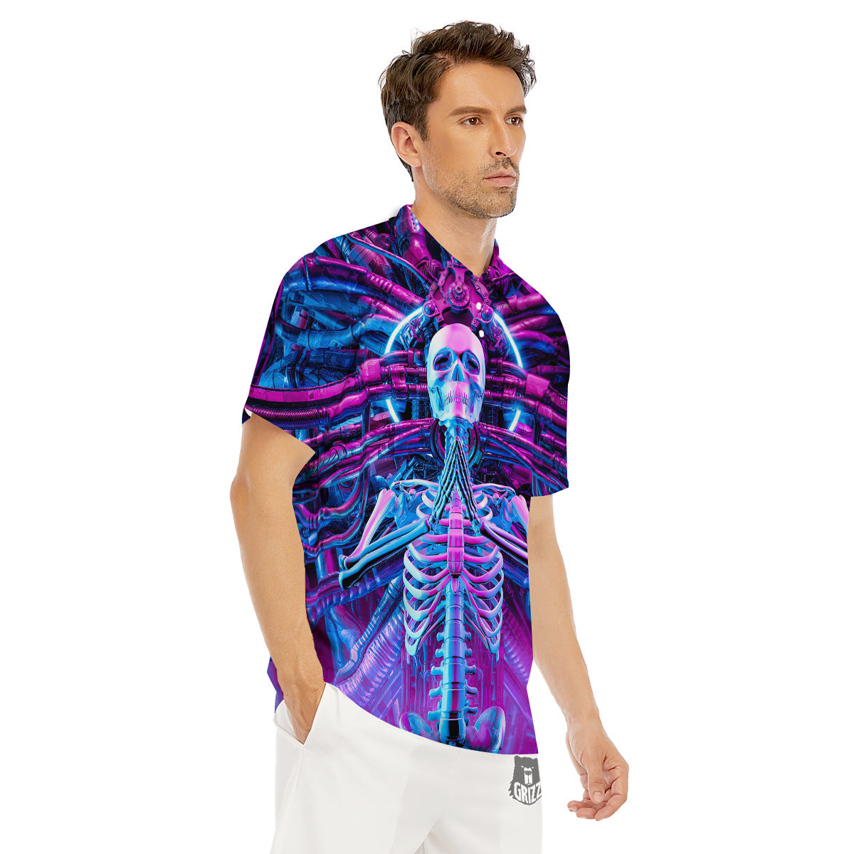 Purple Cyber Skeleton Print Men's Golf Shirts-grizzshop