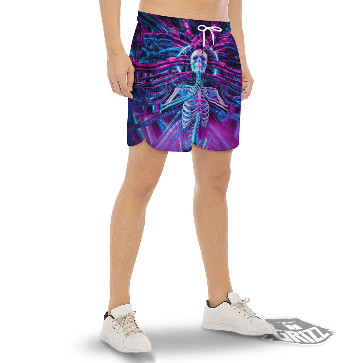 Purple Cyber Skeleton Print Men's Gym Shorts-grizzshop