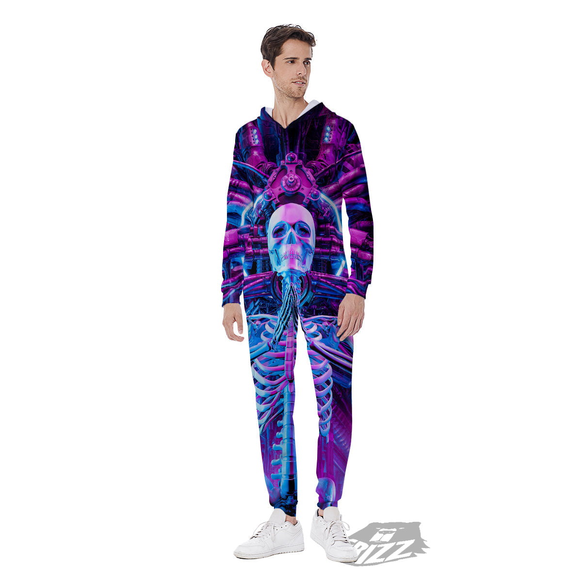 Purple Cyber Skeleton Print Men's Jumpsuit-grizzshop