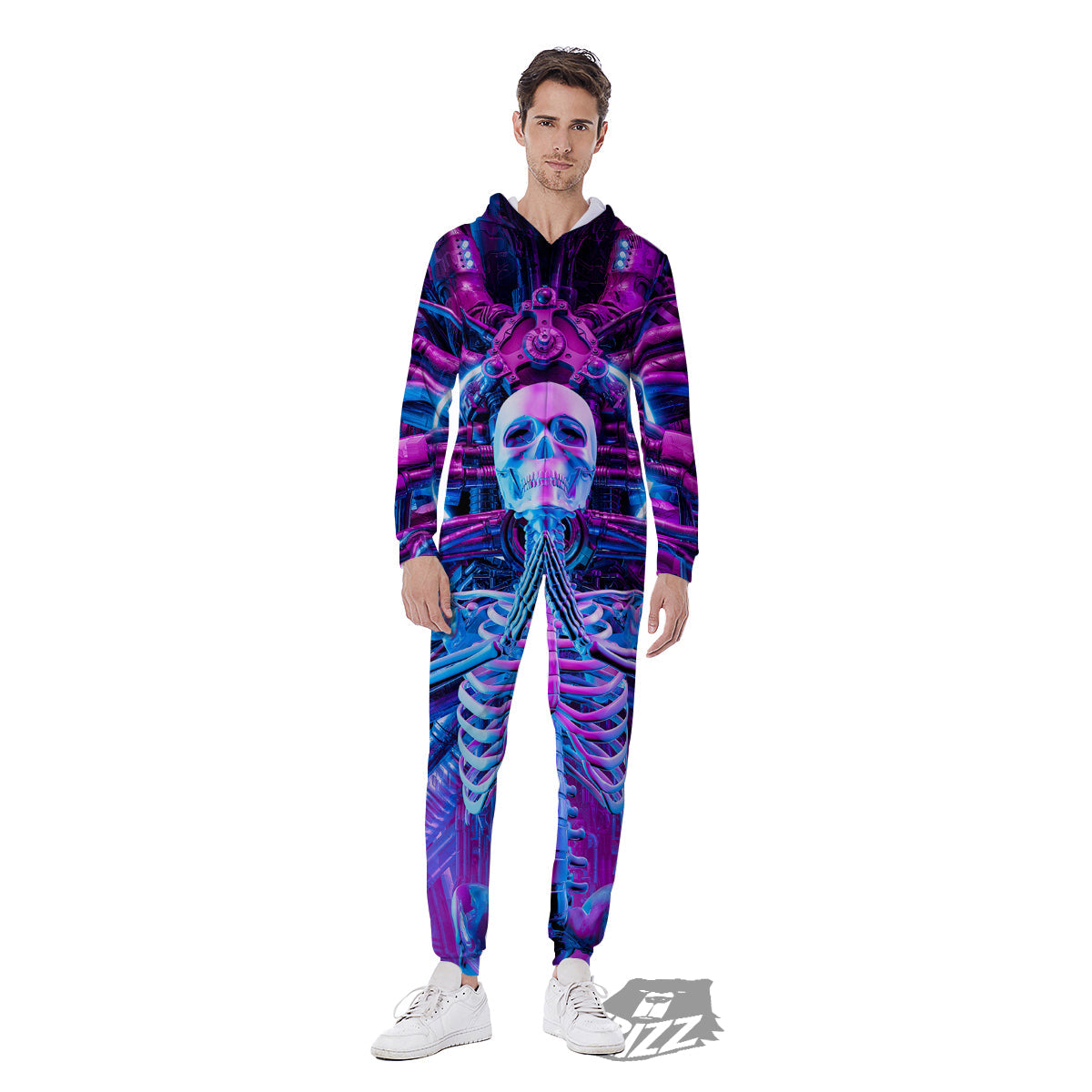 Purple Cyber Skeleton Print Men's Jumpsuit-grizzshop