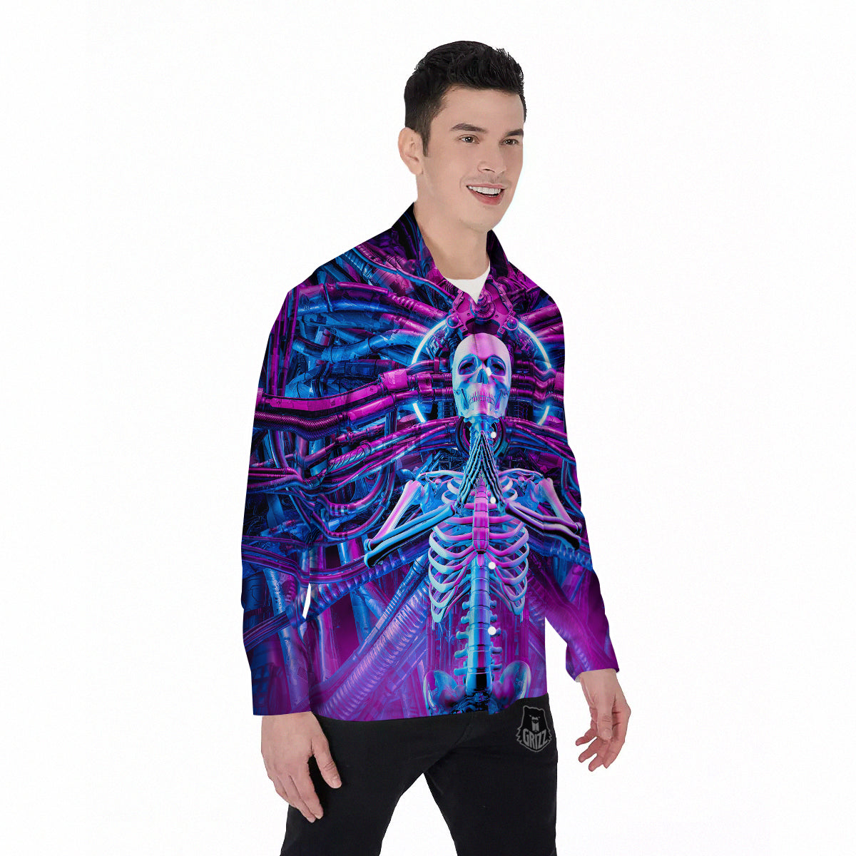 Purple Cyber Skeleton Print Men's Long Sleeve Shirts-grizzshop