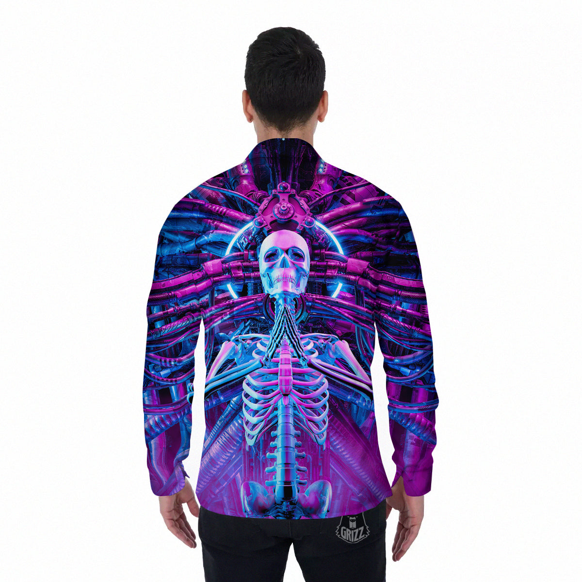 Purple Cyber Skeleton Print Men's Long Sleeve Shirts-grizzshop
