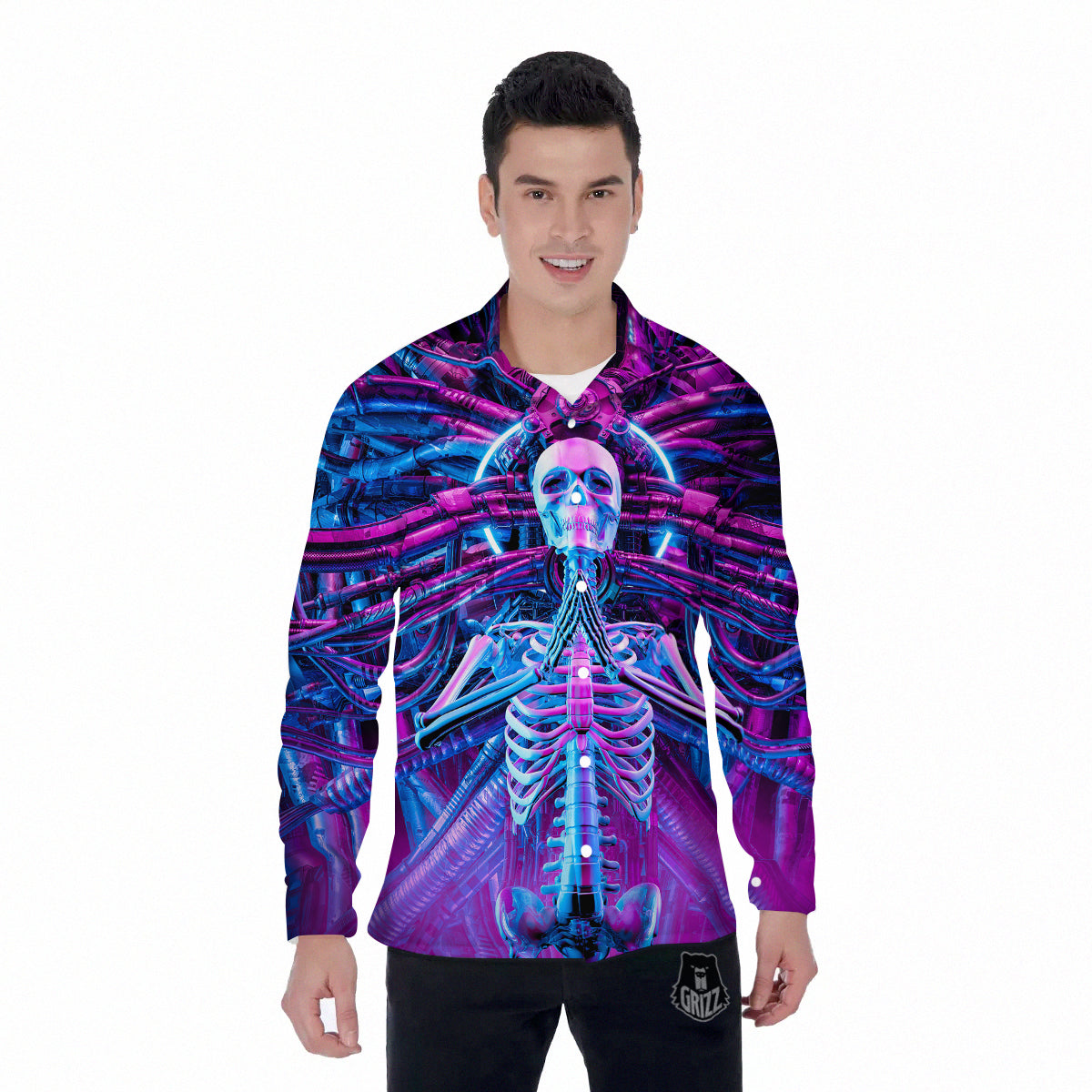 Purple Cyber Skeleton Print Men's Long Sleeve Shirts-grizzshop