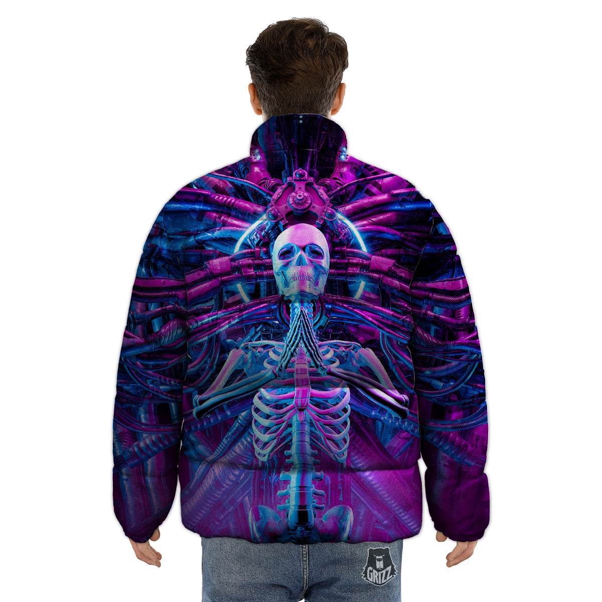 Purple Cyber Skeleton Print Puffer Jacket-grizzshop