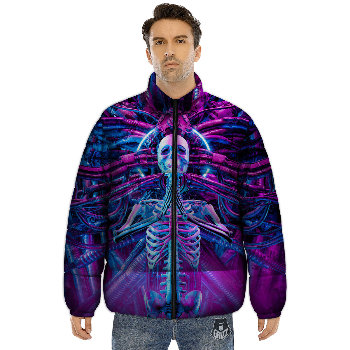 Purple Cyber Skeleton Print Puffer Jacket-grizzshop