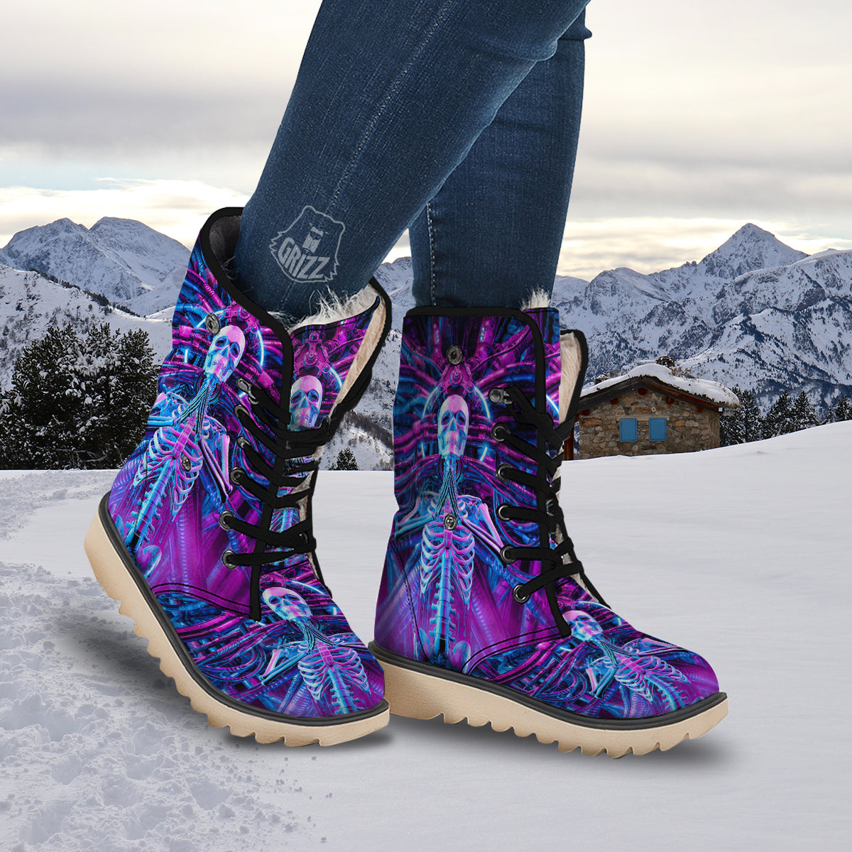 Purple Cyber Skeleton Print Snow Boots-grizzshop