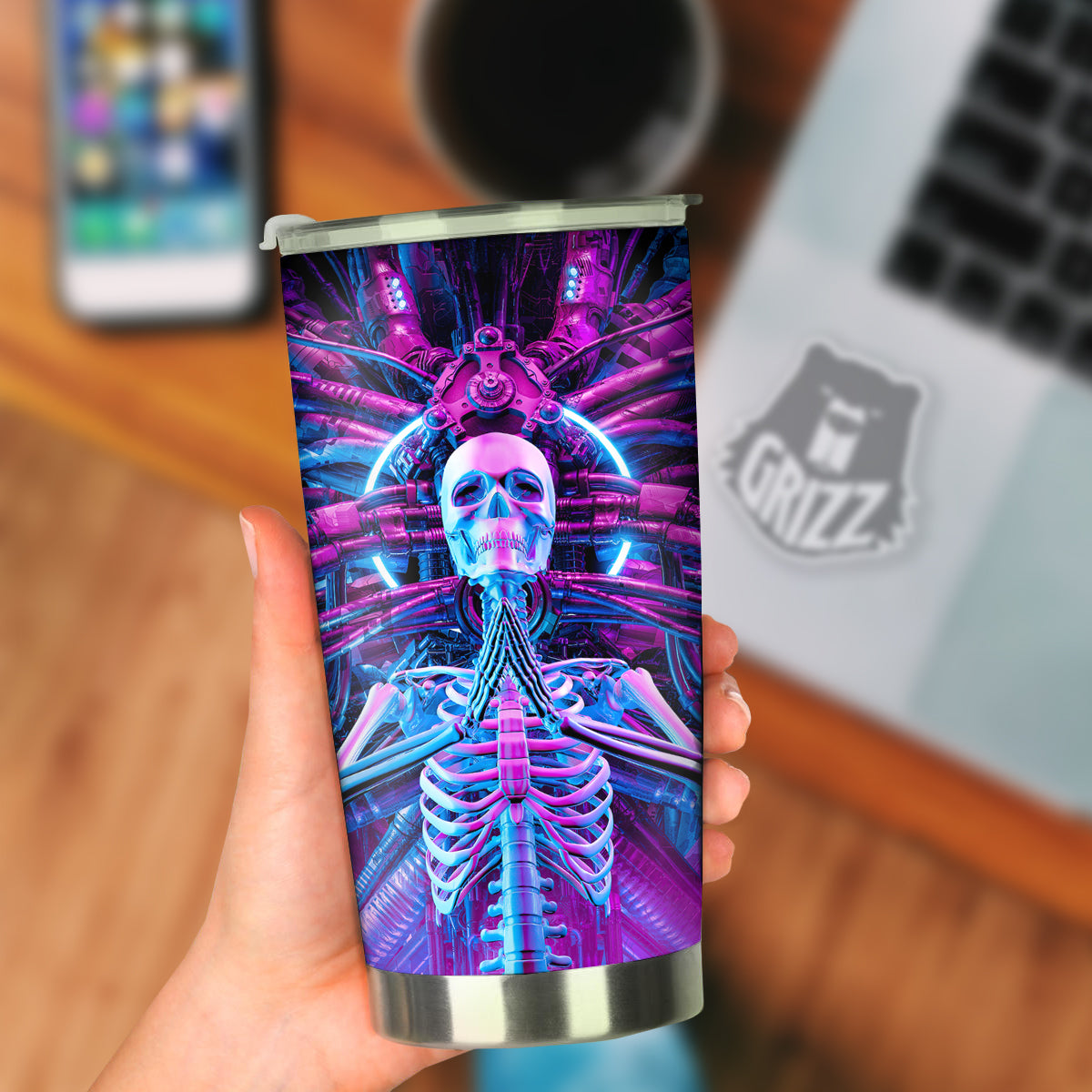 Purple Cyber Skeleton Print Tumbler-grizzshop