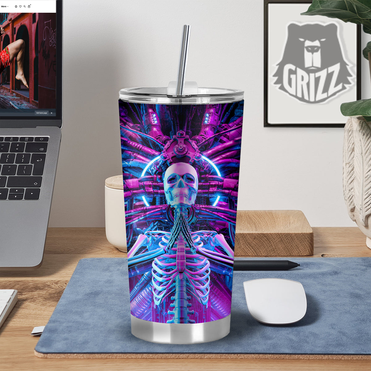 Purple Cyber Skeleton Print Tumbler-grizzshop