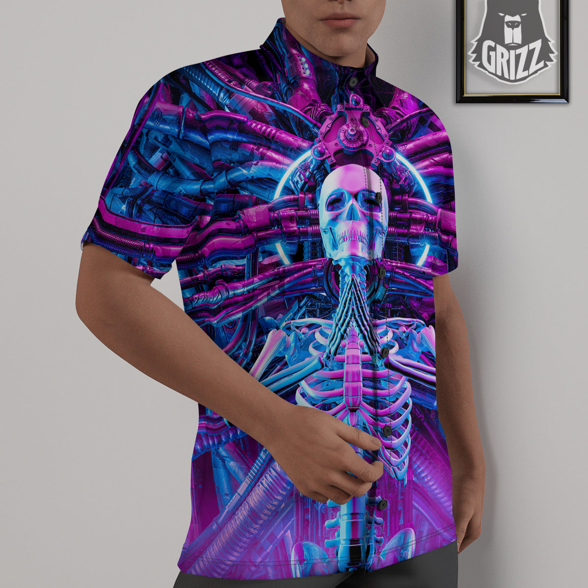 Purple Cyber Skeleton Print Untucked Shirts-grizzshop