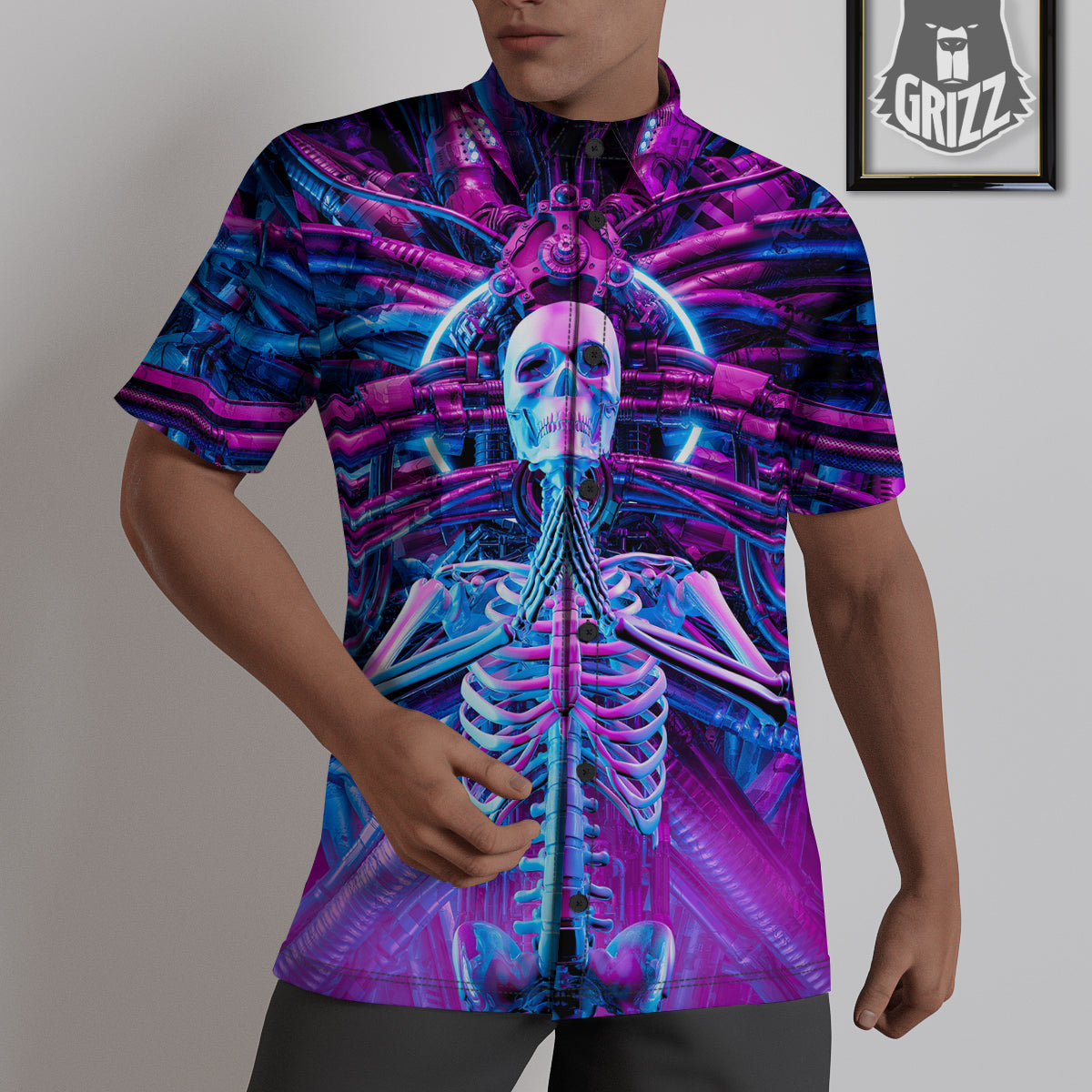 Purple Cyber Skeleton Print Untucked Shirts-grizzshop