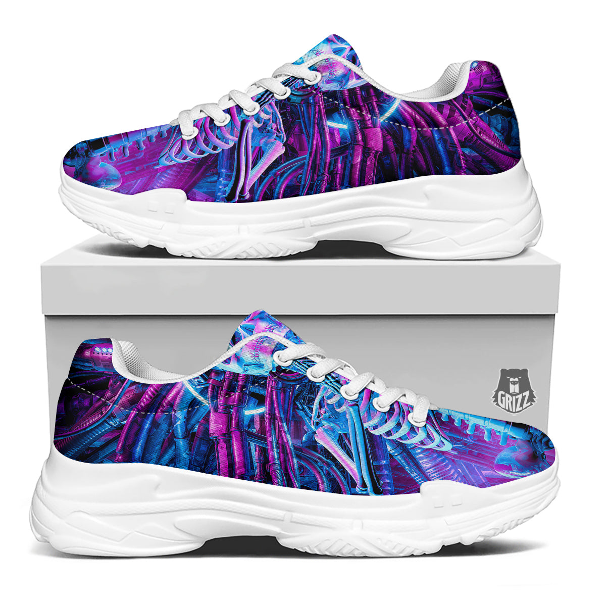 Purple Cyber Skeleton Print White Chunky Shoes-grizzshop