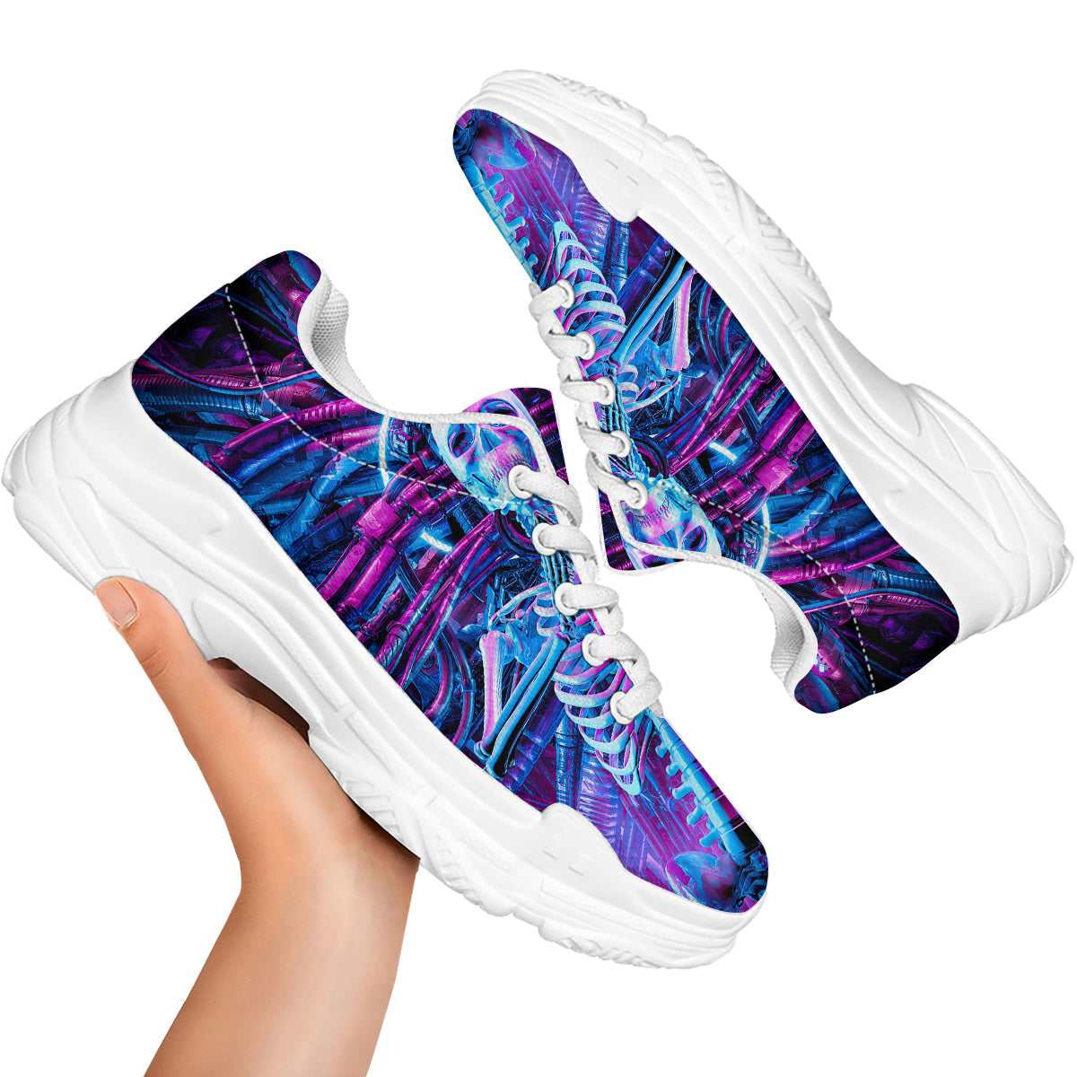 Purple Cyber Skeleton Print White Chunky Shoes-grizzshop