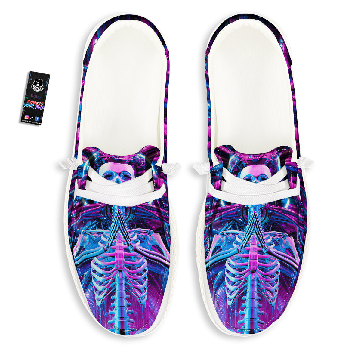 Purple Cyber Skeleton Print White Loafers-grizzshop