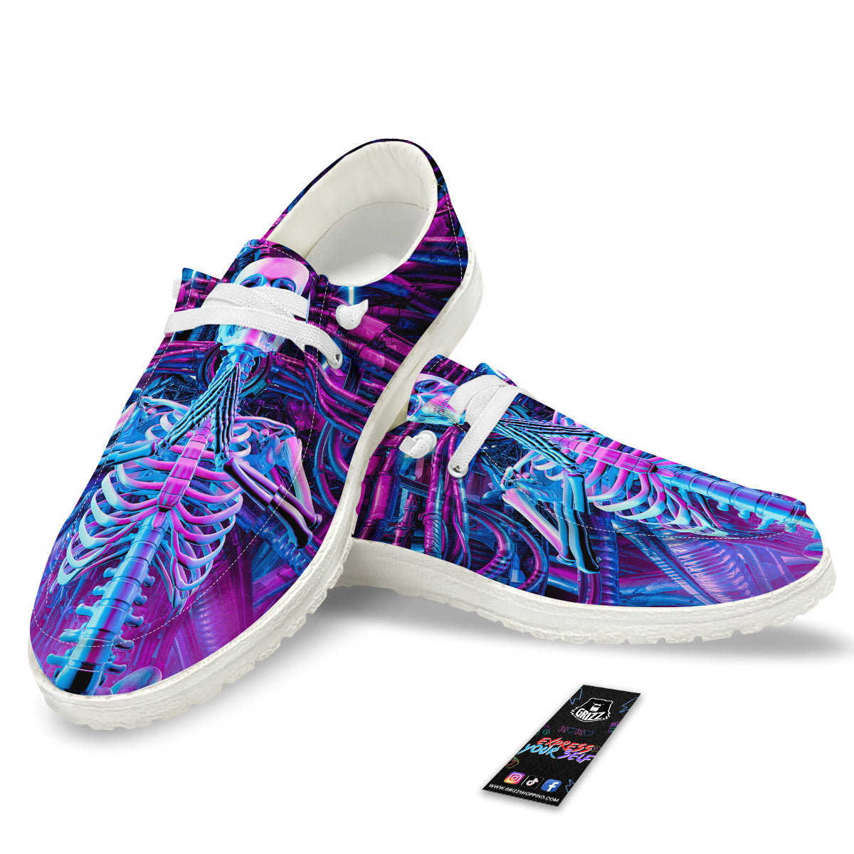 Purple Cyber Skeleton Print White Loafers-grizzshop
