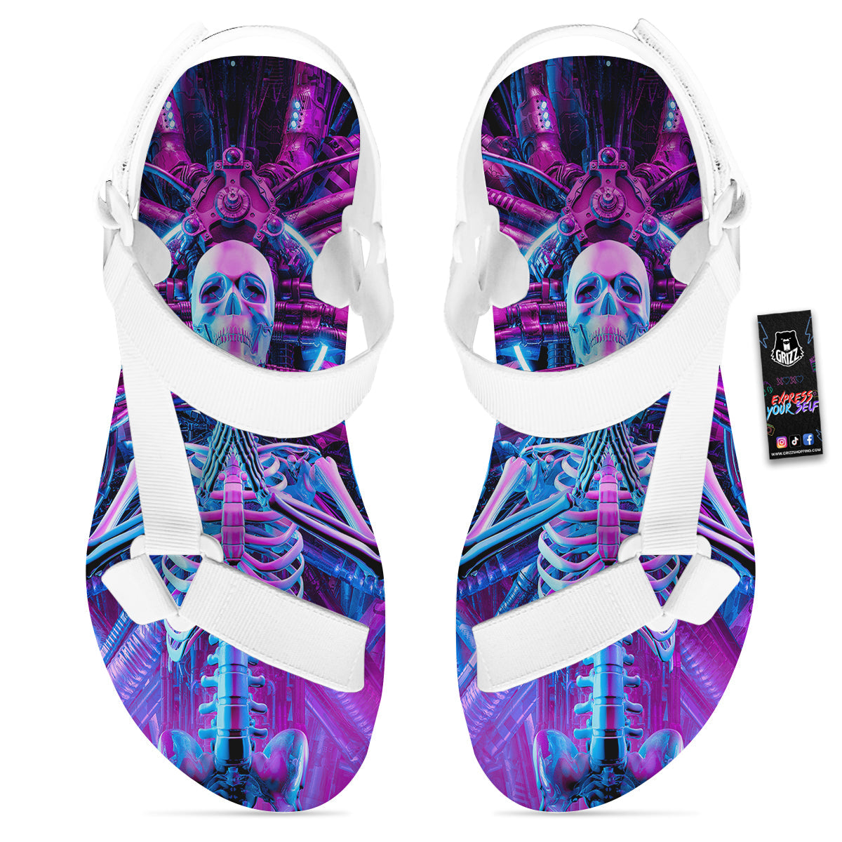 Purple Cyber Skeleton Print White Open Toe Sandals-grizzshop