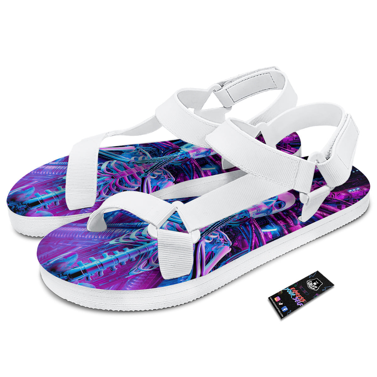 Purple Cyber Skeleton Print White Open Toe Sandals-grizzshop