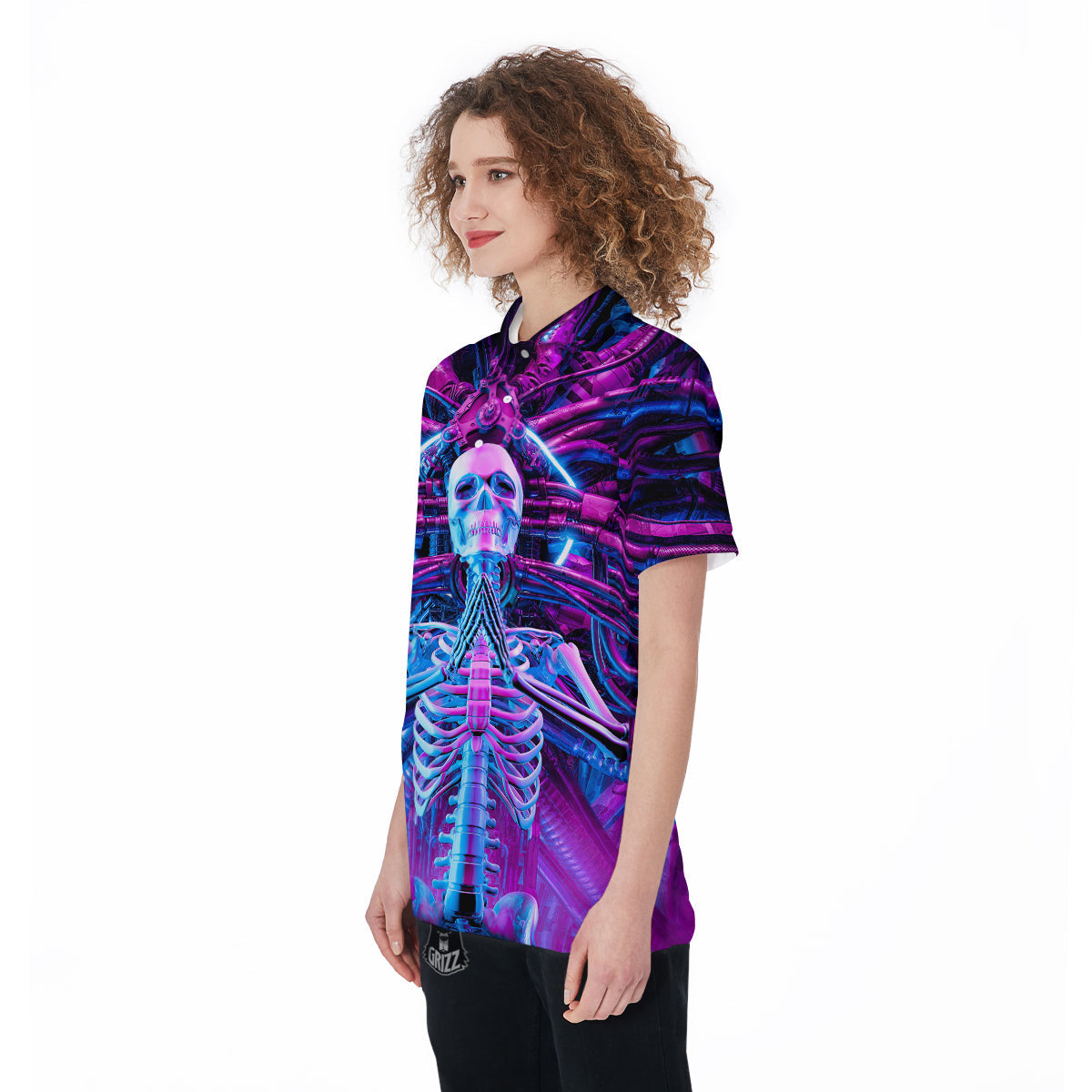 Purple Cyber Skeleton Print Women's Golf Shirts-grizzshop