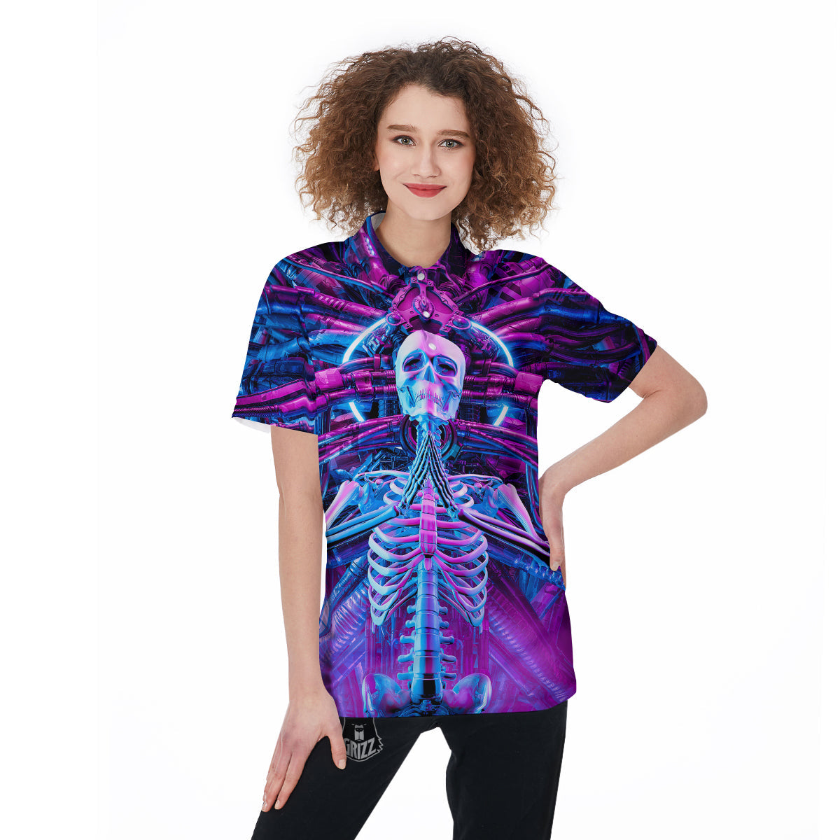 Purple Cyber Skeleton Print Women's Golf Shirts-grizzshop