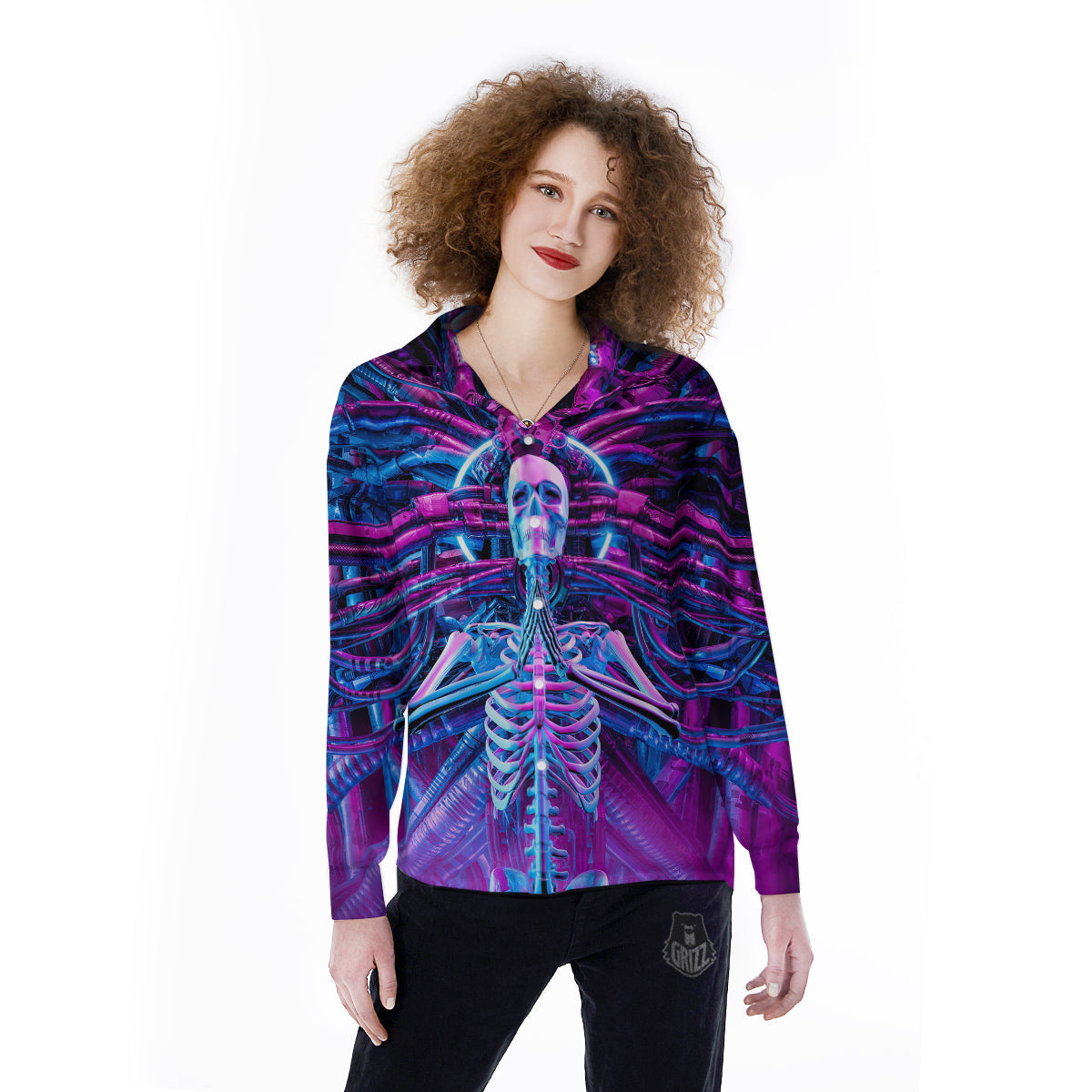 Purple Cyber Skeleton Print Women's Long Sleeve Shirts-grizzshop