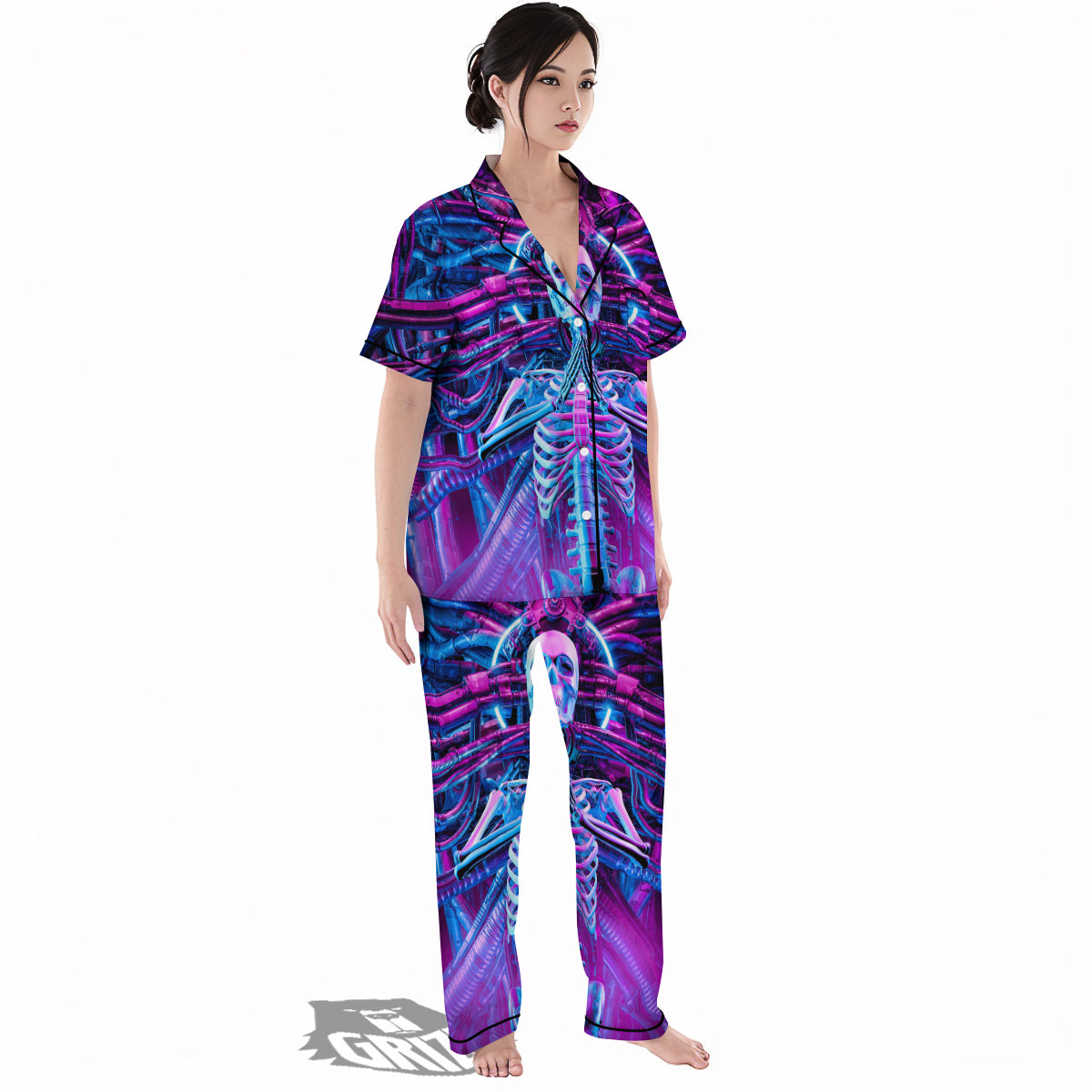 Purple Cyber Skeleton Print Women's Pajamas Set-grizzshop