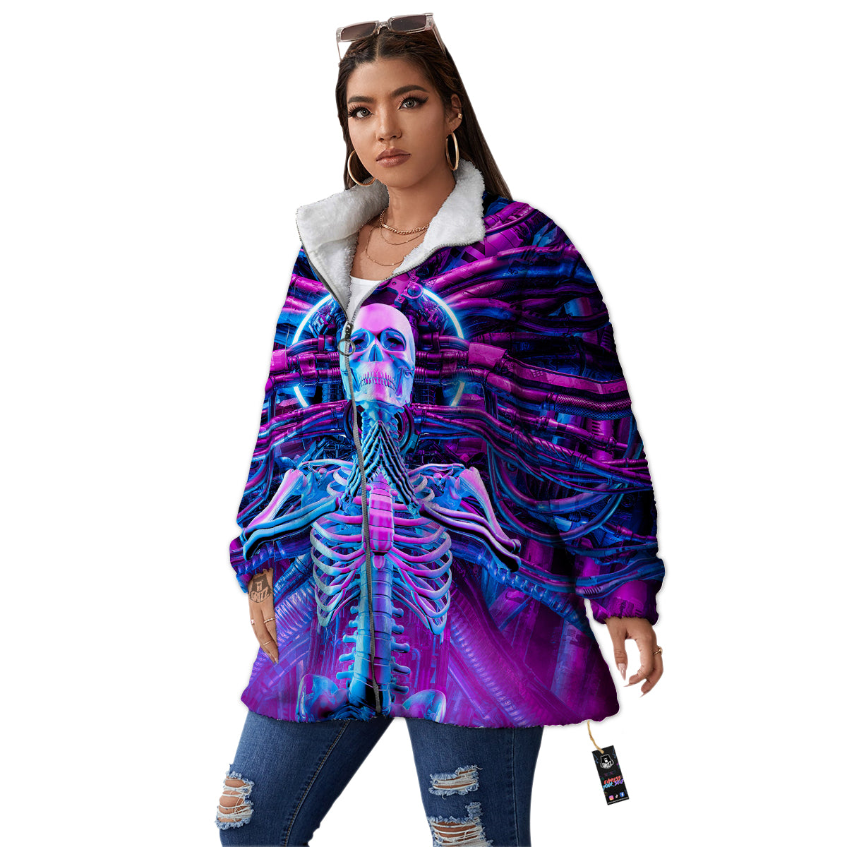 Purple Cyber Skeleton Print Women's Sherpa Jacket-grizzshop