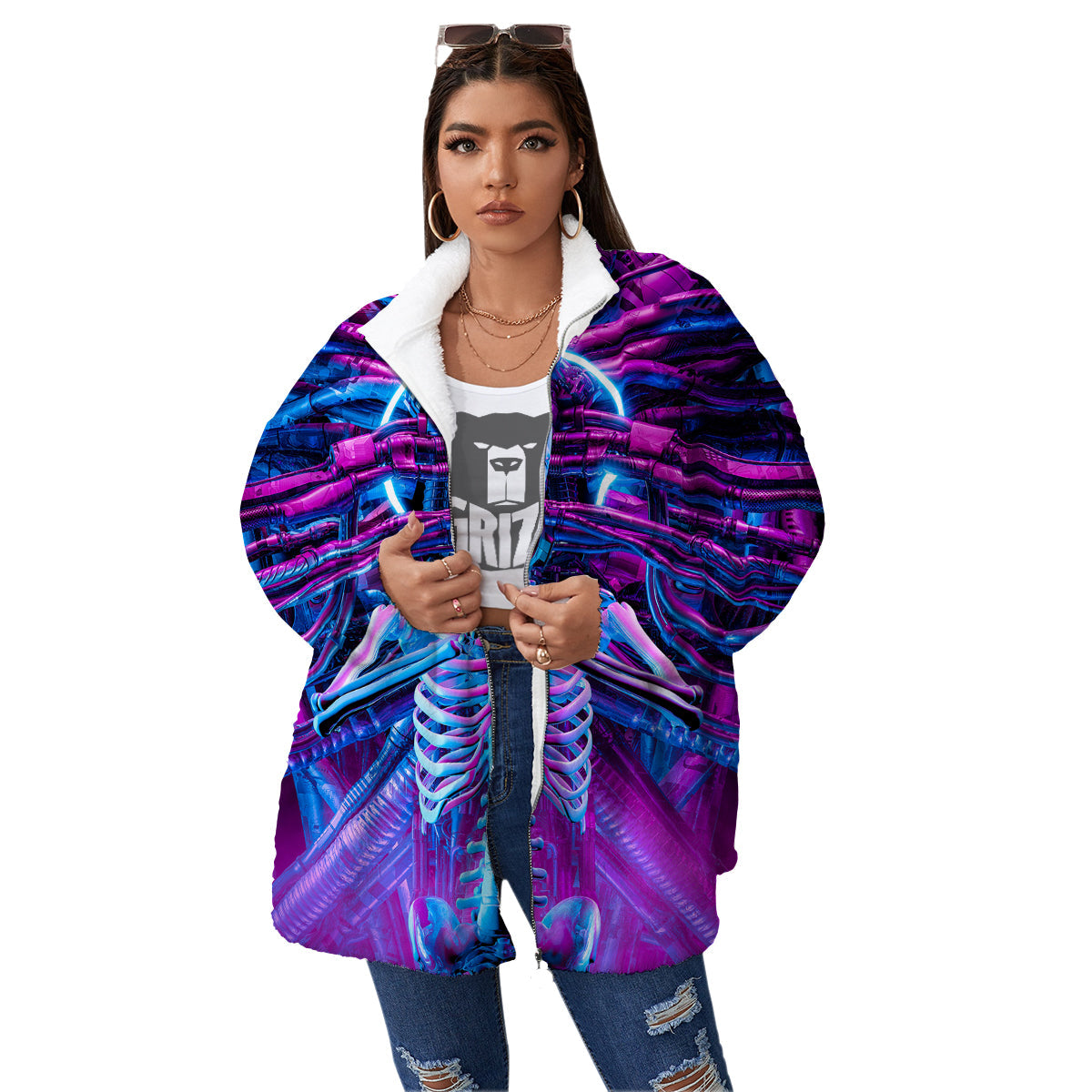 Purple Cyber Skeleton Print Women's Sherpa Jacket-grizzshop