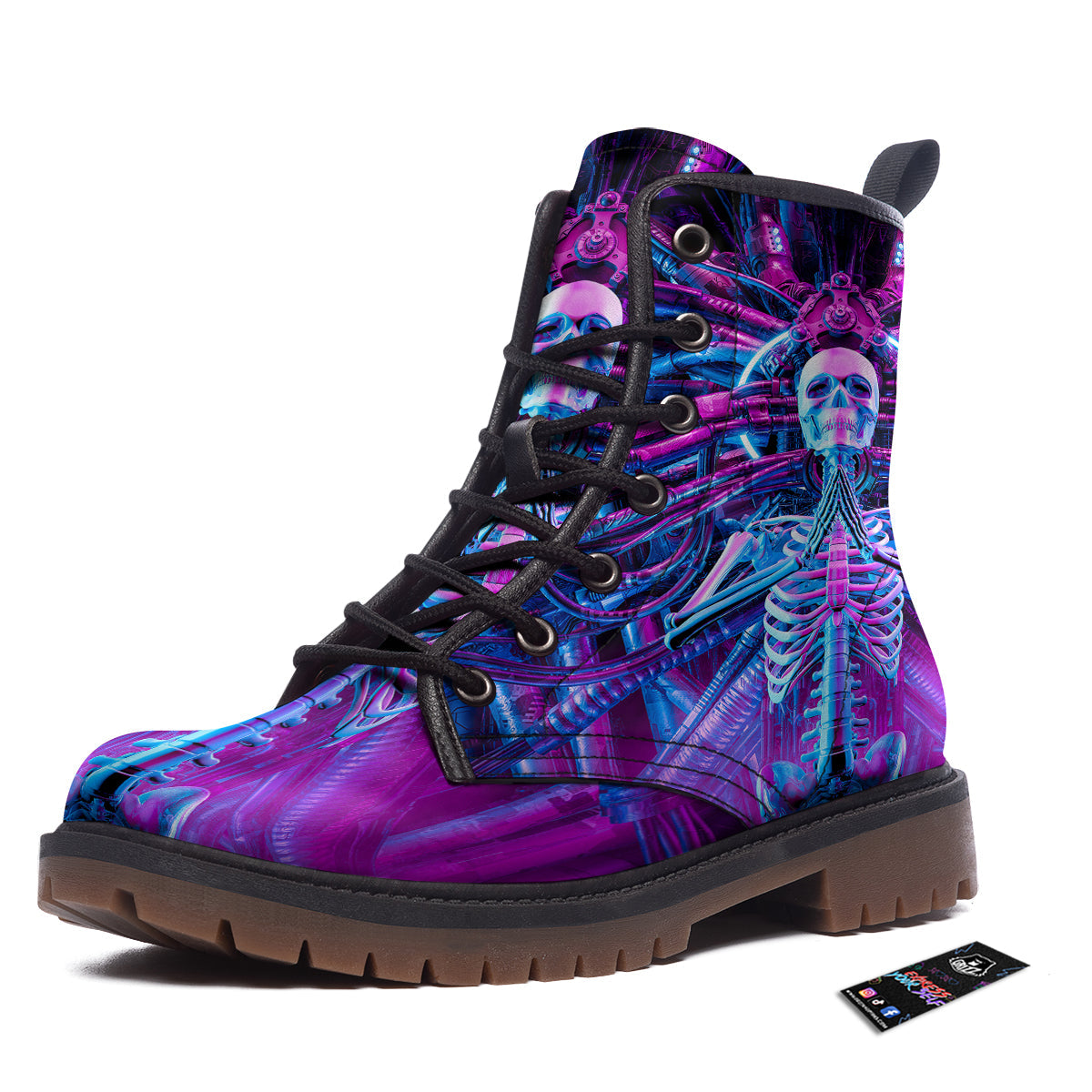 Purple Cyber Skeleton Print Work Boots-grizzshop