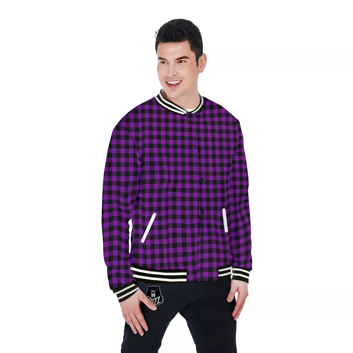 Purple Dark Check Print Pattern Baseball Jacket-grizzshop