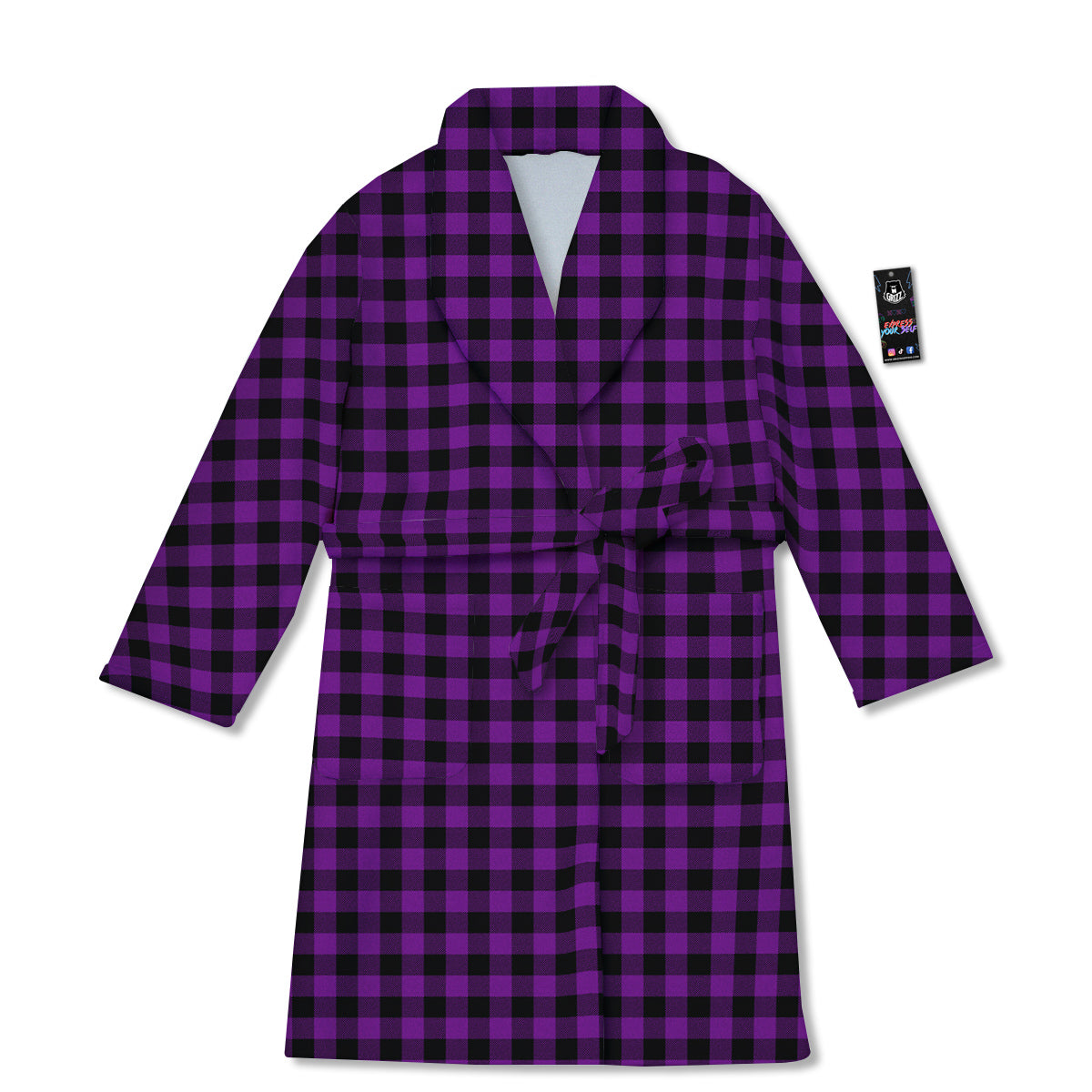 Purple Dark Check Print Pattern Bathrobe-grizzshop