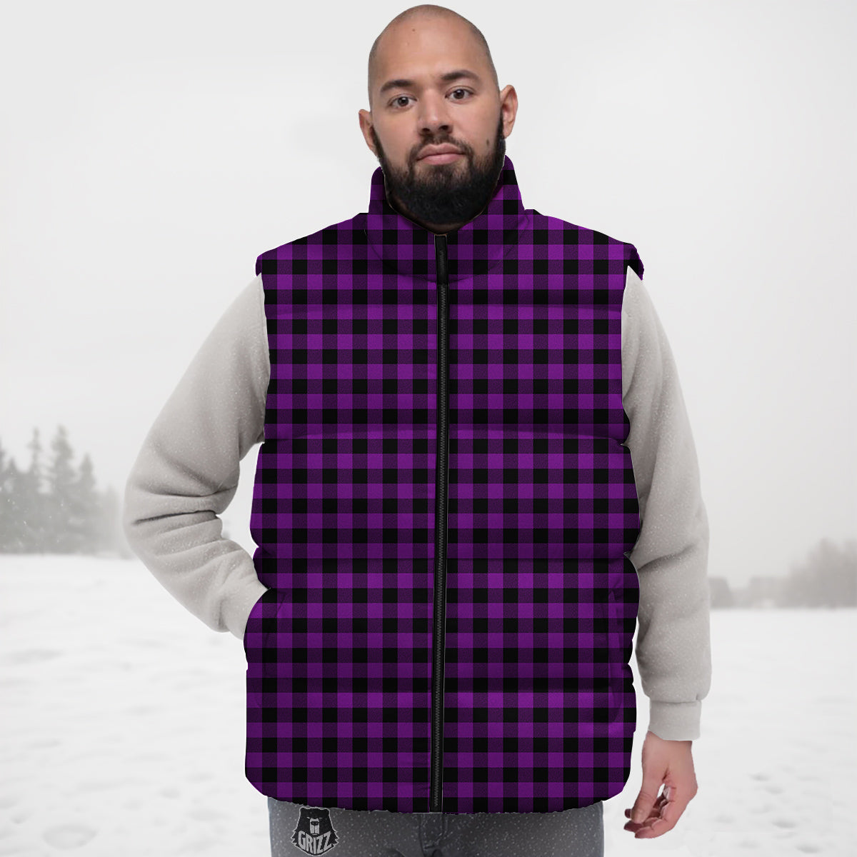 Purple Dark Check Print Pattern Down Vest