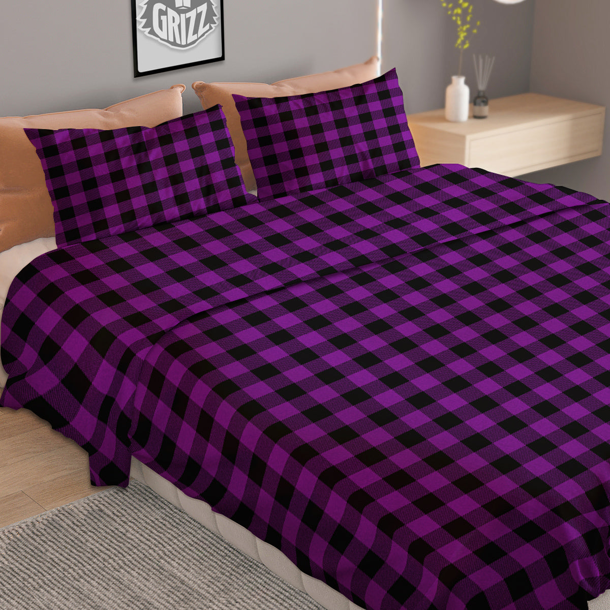 Purple Dark Check Print Pattern Duvet Cover Bedding Set
