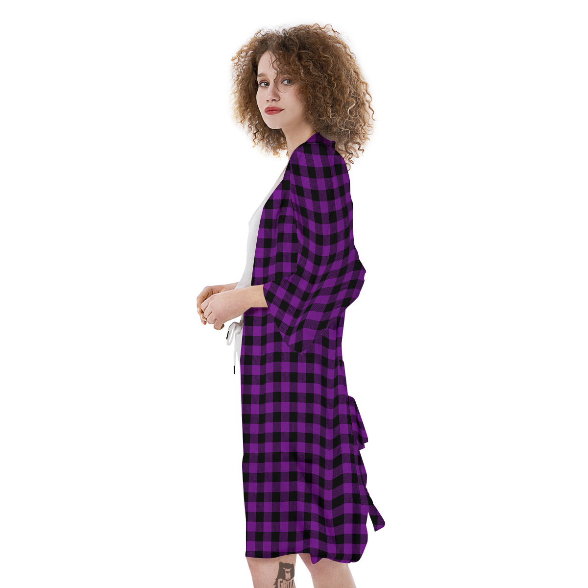 Purple Dark Check Print Pattern Kimono-grizzshop