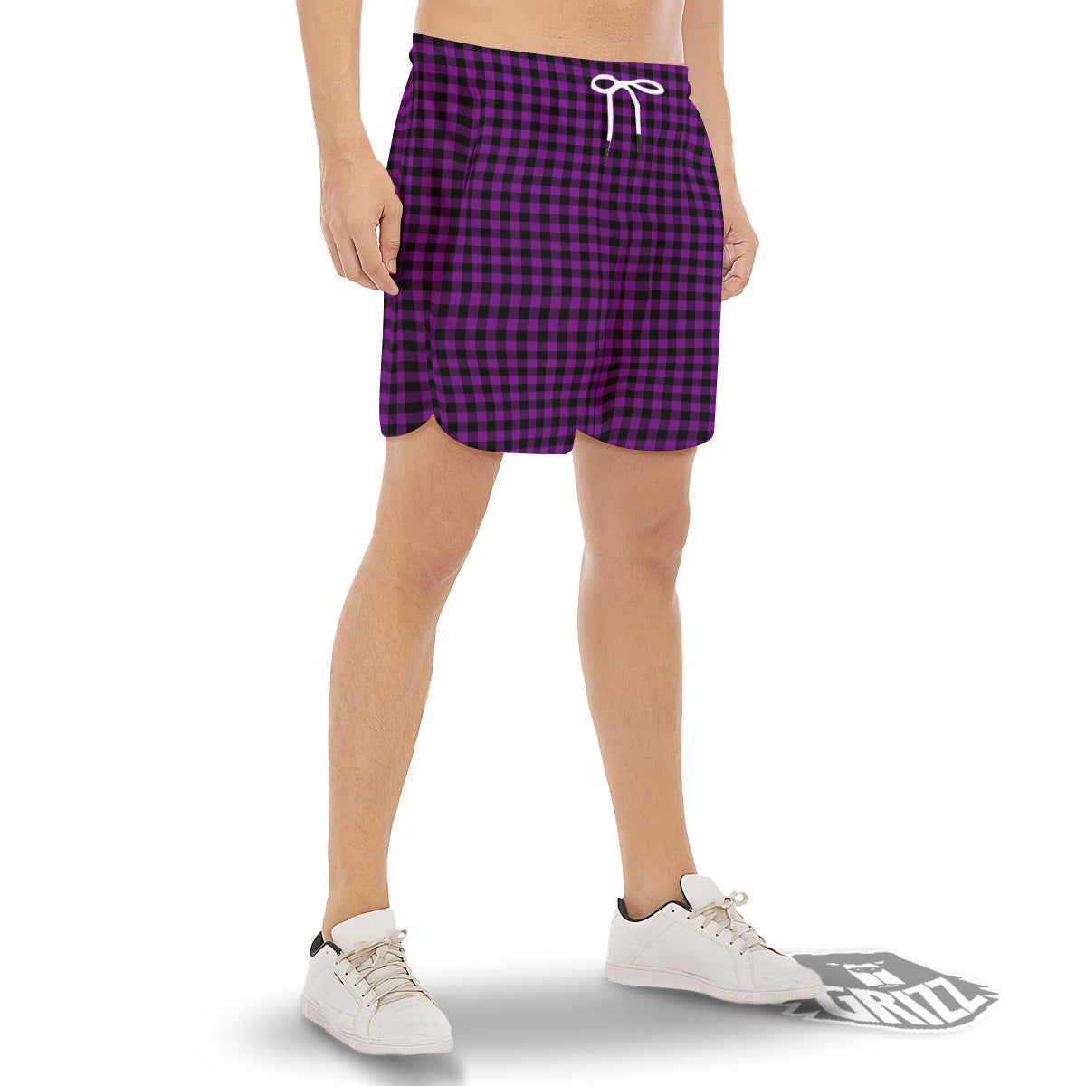 Purple Dark Check Print Pattern Men's Gym Shorts-grizzshop