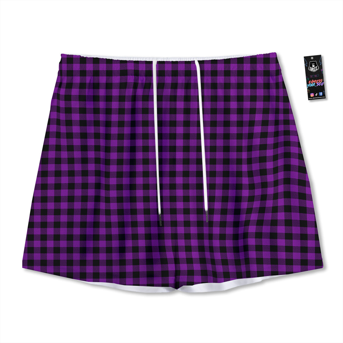 Purple Dark Check Print Pattern Mesh Shorts