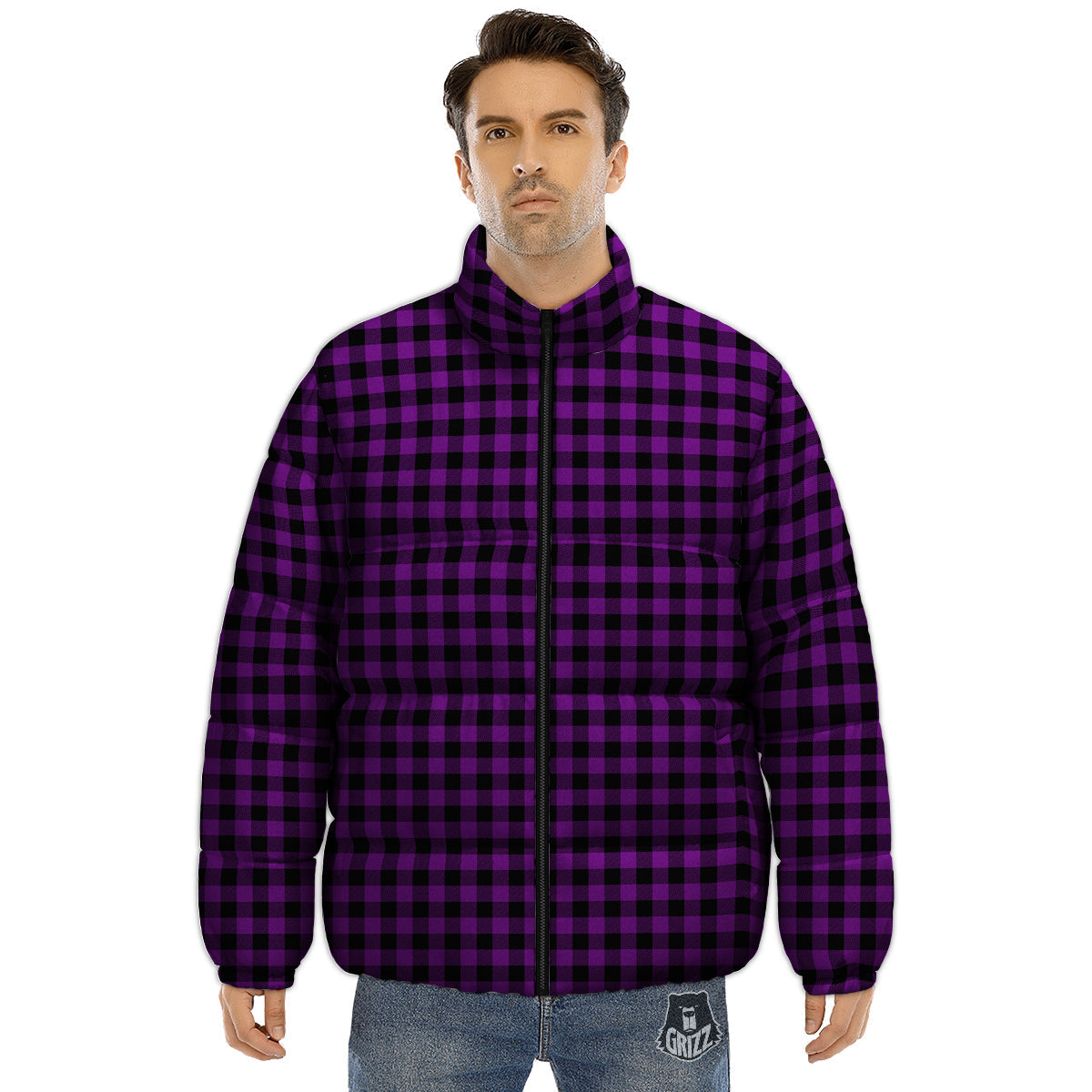 Purple Dark Check Print Pattern Puffer Jacket-grizzshop