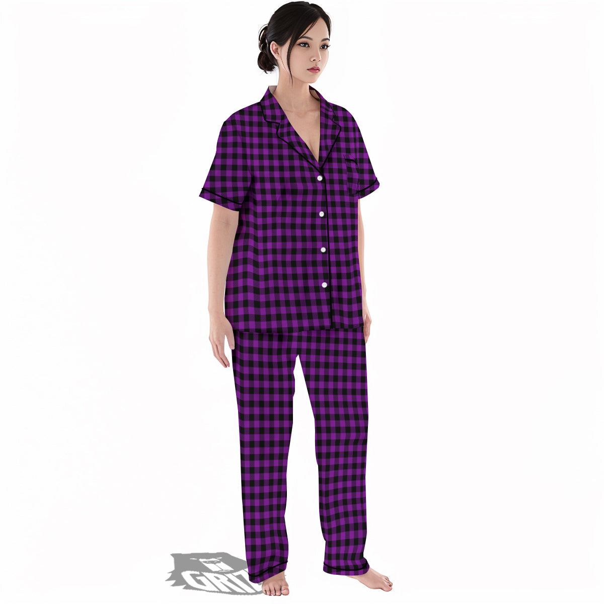 Purple Dark Check Print Pattern Women's Pajamas Set-grizzshop