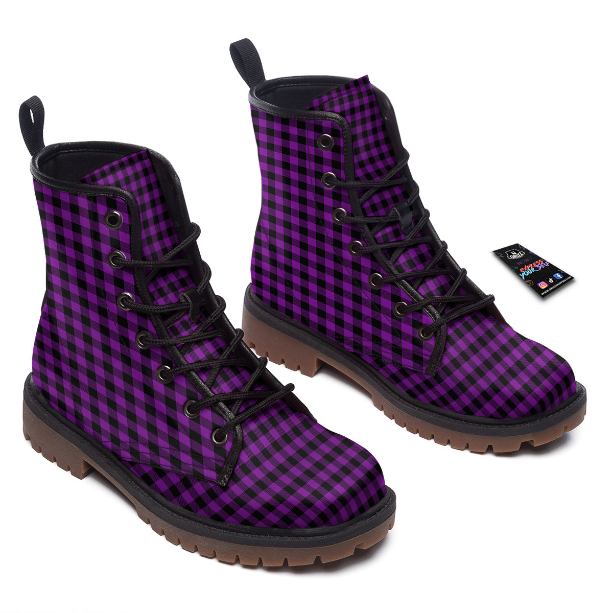 Purple Dark Check Print Pattern Work Boots-grizzshop