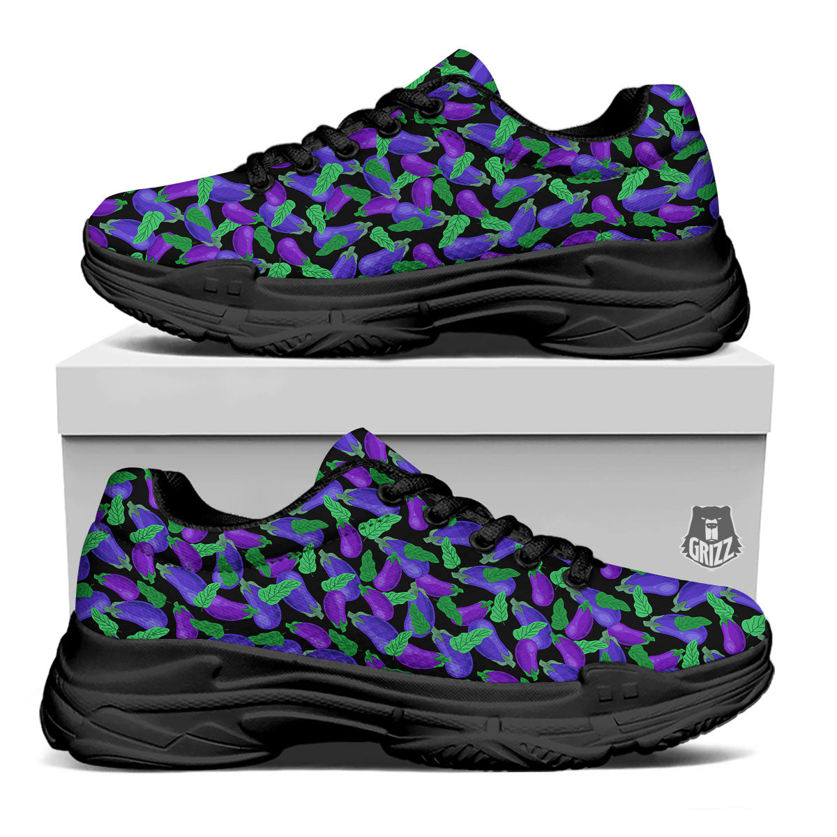 Purple Eggplant Print Pattern Black Chunky Shoes-grizzshop